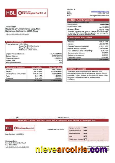 Nepal Himalayan Bank mortgage statement Word and PDF template